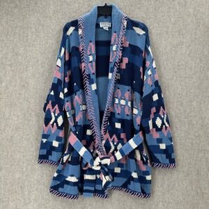 Venezia‎ Women's Blue Pink Geometric Knit Cardigan Sweater Belted Size L Western